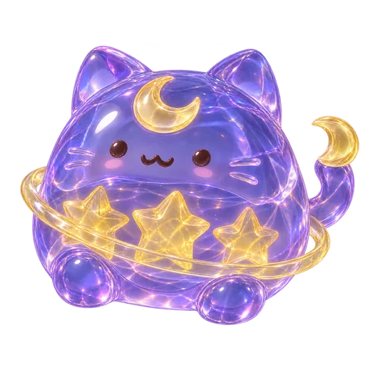 Moon Guardian — A purple cat with a golden crescent moon and stars.